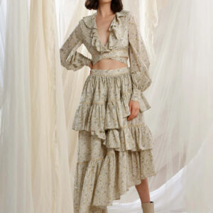 Print Ruffles Plunge Top And Layered Asymmetrical Skirt 2 Pieces Set