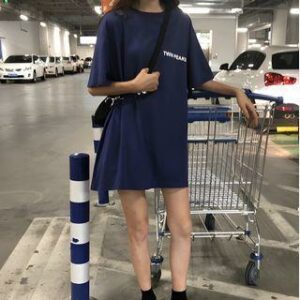 Printed Elbow Sleeve T-Shirt Dress Dark blue - XL