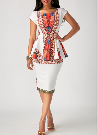 Printed White Peplum Waist Sheath Dress