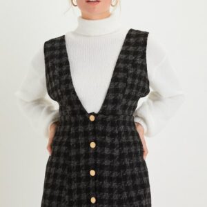 Proper Cutie Black Plaid Tweed Button-Front Pinafore Dress