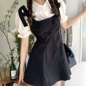 Puff Sleeve Collared Plain Blouse / Square Neck Plain Bow Ruched Button Mini A-Line Pinafore Dress Dress - Black - S