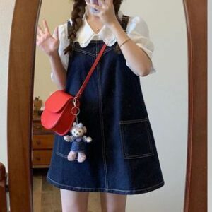 Puff-Sleeve Plain button-Up Ruffle Trim Blouse / Mini Denim Pinafore Dress