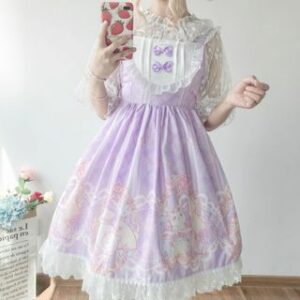 Puff-Sleeve Ruffled Lace Blouse / Cartoon Print Ruffled Midi A-Line Lolita Pinafore Dress