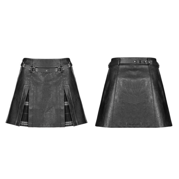 Punk Black Faux Leather A-Line Mini Skirt with Plaid Insert