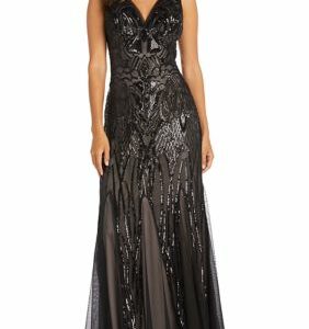 R & M Richards Long Beaded Dress With Contrast Lining Sleeveless V Neckline With Godet Skirt