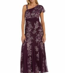 R & M Richards Women's 1 Pc Long One Shoulder Emb Sequin Dress With Godet Skirt, 14