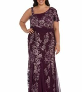 R & M Richards Women's 1 Pc Long One Shoulder Emb Sequin Dress With Godet Skirt, 20W