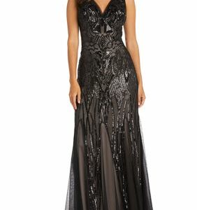 R & M Richards Women's Long Beaded Dress With Contrast Lining Sleeveless V Neckline With Godet Skirt