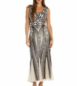 R & M Richards Women's Midi Length 2 Tone Beaded Dress With Contrast Lining A Godet Skirt