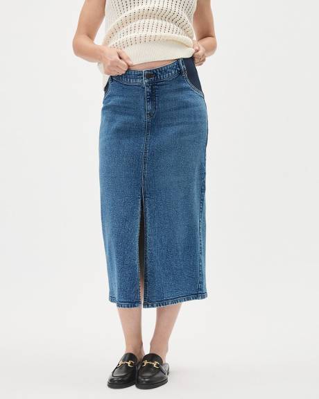 RW&CO. - Medium-Wash Midi Denim Skirt - Thyme Maternity - Medium Wash - XXL