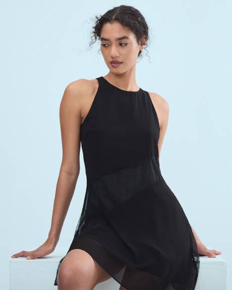 RW&CO. - Mini Shift Chiffon Dress with Lace Panels - Black - XXL