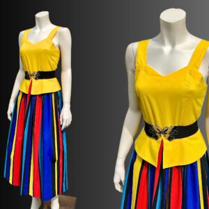 Rainbow Stripe Full Skirt Princess Peplum Dress/Nipped Waist Cotton Sun S Yellow Vintage 80S Does 50S