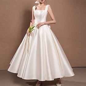 Reception Simple Wedding Dresses Wedding Dresses A-Line Off Shoulder Cap Sleeve Tea Length Satin Bridal Gowns With Pleats Ruched 2024