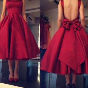 Red Backless Tea-Length Short Prom Dresses with Bowknot