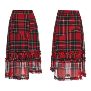 Red Tartan Asymmetrical Midi Skirt with Ruffle Detail