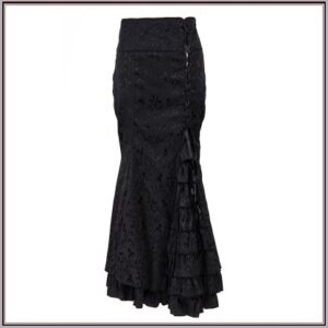 Renaissance Black Lace Up Brocade Layered Tulle Waterfall Lace Mermaid Skirt