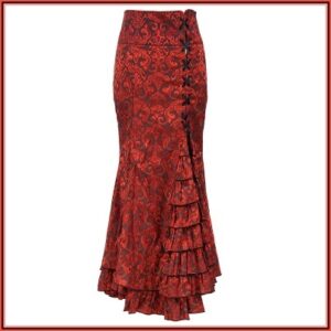 Renaissance Red Lace Up Brocade Layered Tulle Waterfall Lace Mermaid Skirt