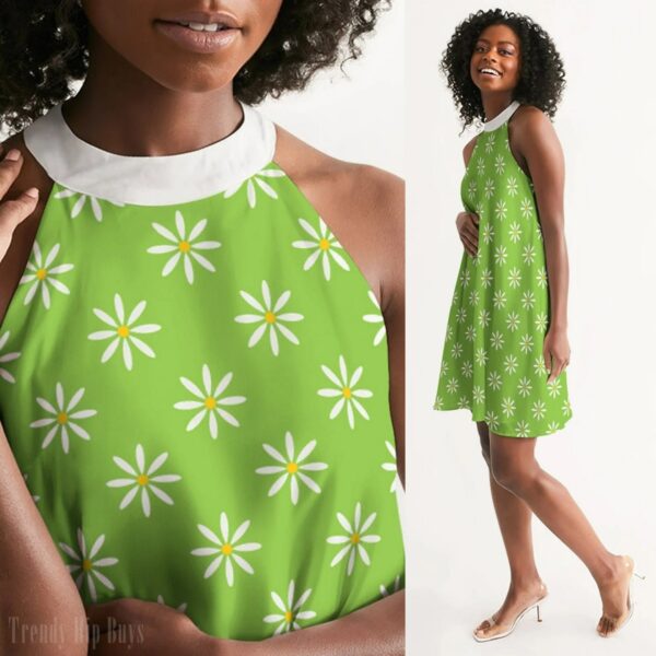 Retro Dress, Mod Green Floral 60S Style Vintage Style Dress, Inspired Halter Trapeze Dress