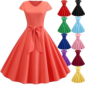 Retro Vintage 1950s A Line Dress Rockabilly Swing Dress Flare Dress Women's Bow Plain V Neck Masquerade Cocktail Party Tea Party Casual Daily Dress