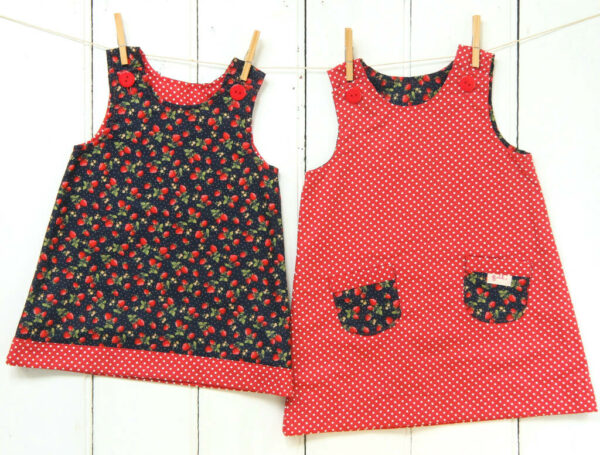 Reversible Pinafore Dress Cotton Spotty Strawberry