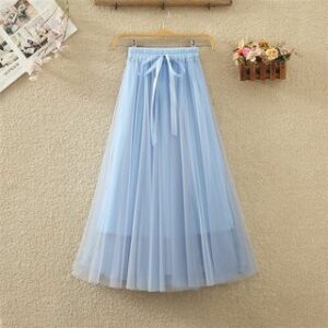 Ribbon Accented High Rise Plain Accordion Pleated Tulle Midi A-line Skirt