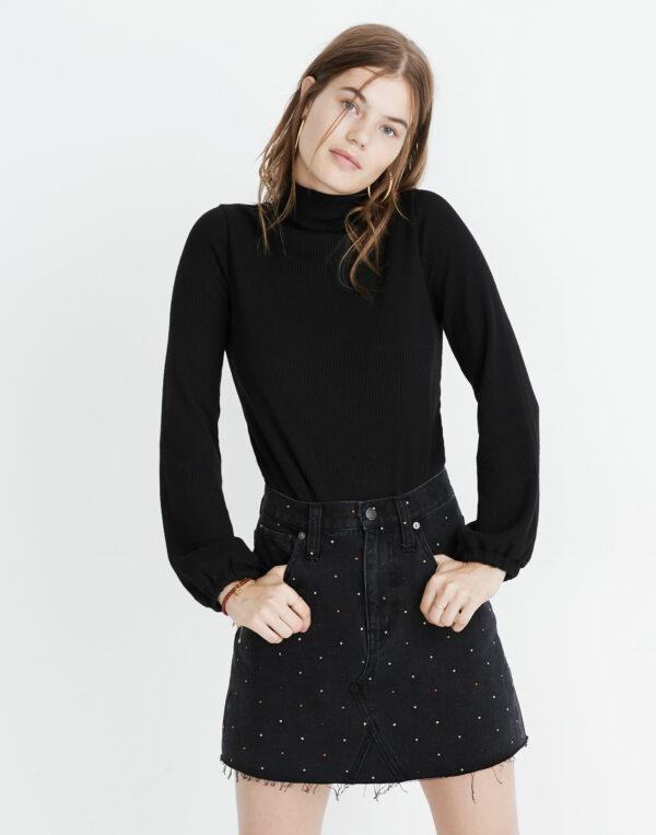 Rigid Denim A-Line Mini Skirt: Metallic Rainbow Dots Edition