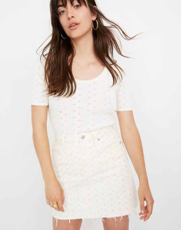 Rigid Denim A-Line Mini Skirt in Embroidered Eyelet