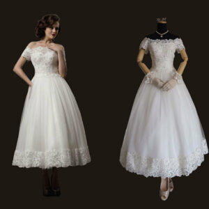 Rosyfancy Elegant Off Shoulder Short Sleeves Lace Tea Lenght Wedding Dress