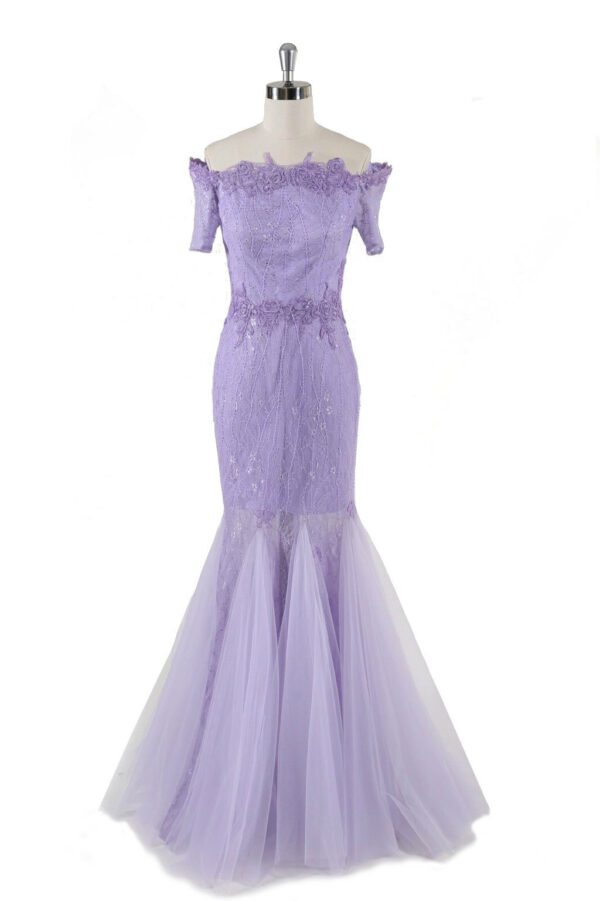 Rosyfancy Lilac Off Shoulder Short Sleeves Lace Trumpet Mermaid Evening Dress