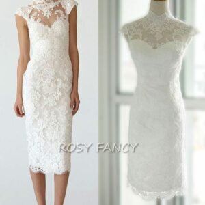 Rosyfancy Mandarin Collar Cap Sleeves Sheath Tea Length Short Lace Wedding Dress