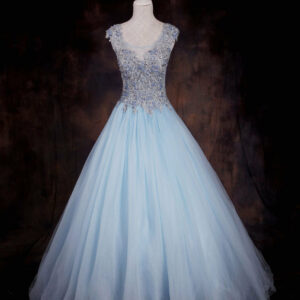 Rosyfancy Pale Blue Beaded Lace Applique Bodice Puffy Tulle Skirt Evening Gown