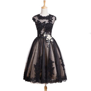 Rosyfancy Sexy Illusion Black Lace Applique A-line Tea Length Prom / Party Dress