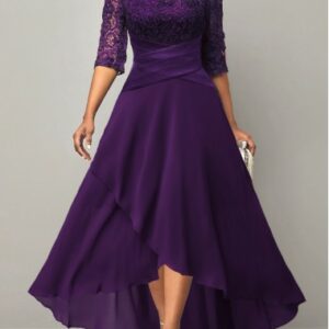 Rotita Plus Size Purple Tea Length Lace Applique Mother Of The Bride Dress With Sleeves Chiffon Long Formal Evening Gown Plus Size Purple High Low X - 2X