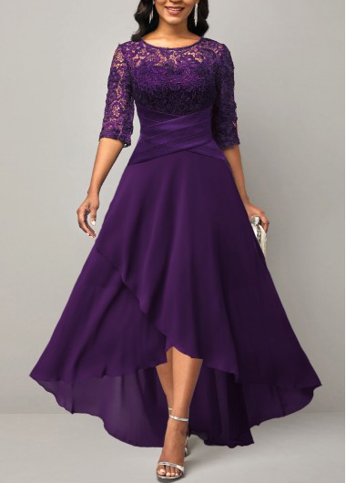 Rotita Plus Size Purple Tea Length Lace Applique Mother Of The Bride Dress With Sleeves Chiffon Long Formal Evening Gown Plus Size Purple High Low X - 2X