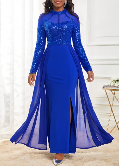 Rotita Royal Blue Long Sleeve Sequin Evening Maxi Dress Holiday Cocktail New Year Eve Party Dress Shinning Sapphire Blue Stand Collar Maxi Dress - S