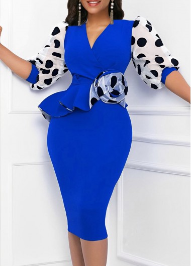 Rotita Royal Blue Peplum Dress Work Dress Sheath Dress Midi Dress Ruffle Polka Dot Royal Blue Bodycon Dress - L