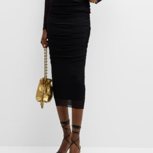 Ruched Tulle Pencil Midi Skirt