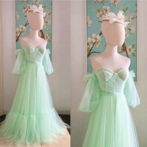 Sage Green Off Shoulder Prom Dresses Tea Length Tulle Fairy Sweetheart Evening Long With Lantern Sleeve