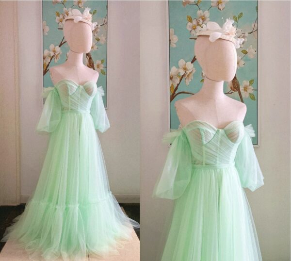 Sage Green Off Shoulder Prom Dresses Tea Length Tulle Fairy Sweetheart Evening Long With Lantern Sleeve