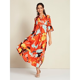 Satin Boho Floral Half Sleeve Y Neck Maxi Dress