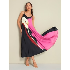 Satin Floral Swing V Neck Sleeveless Maxi Dress