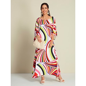 Satin Geometric Raglan Sleeve Color Block Kaftan Maxi Dress