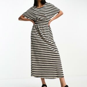 Selected Femme shirred waist T-shirt maxi dress in bold mono stripe-Multi