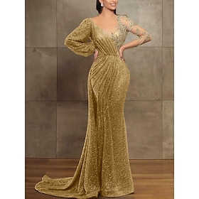 Sequin Mermaid / Trumpet Evening Gown Champagne Gold Elegant Dress Formal Red Green Dress Court Train Long Sleeve Illusion Neck Sequined with Pleats 2024