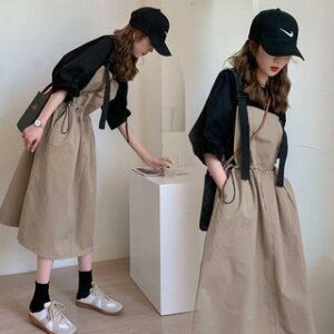 Set: Elbow-Sleeve Plain Blouse + Pinafore Dress Set Of 2 - Blouse & Dress - Black - 2XL