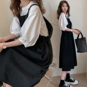 Set: Elbow-Sleeve Plain Blouse + Pinafore Dress Set Of 2 - Blouse & Dress - White & Black - M