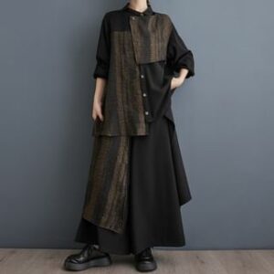 Set: Long-Sleeve Asymmetrical Patterned Panel Button-Up Shirt + Elastic Waist Cropped Culottes Black & Brown - One Size