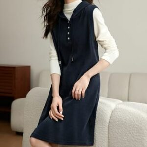 Set: Long-Sleeve Mock Neck Plain T-Shirt + Sleeveless Henley Hooded Shift Dress