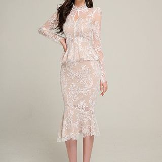 Set: Long-Sleeve Plain Lace Peplum Top + High Rise Asymmetrical Fishtail Skirt