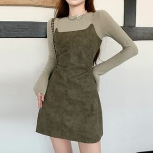 Set: Long-Sleeve Round Neck Plain T-Shirt + Invisible Strap Ruched Faux Suede Mini A-Line Pinafore Dress